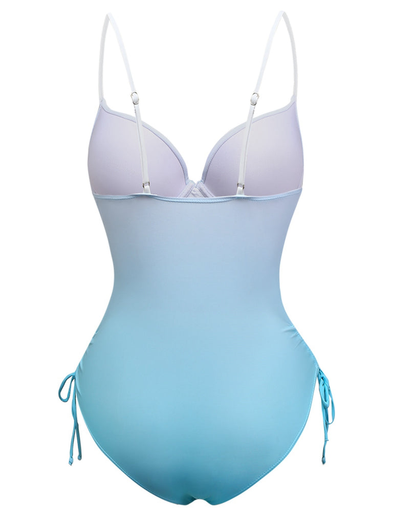 Light Blue 1940s Bow Spaghetti Strap One-Piece Swimsuit