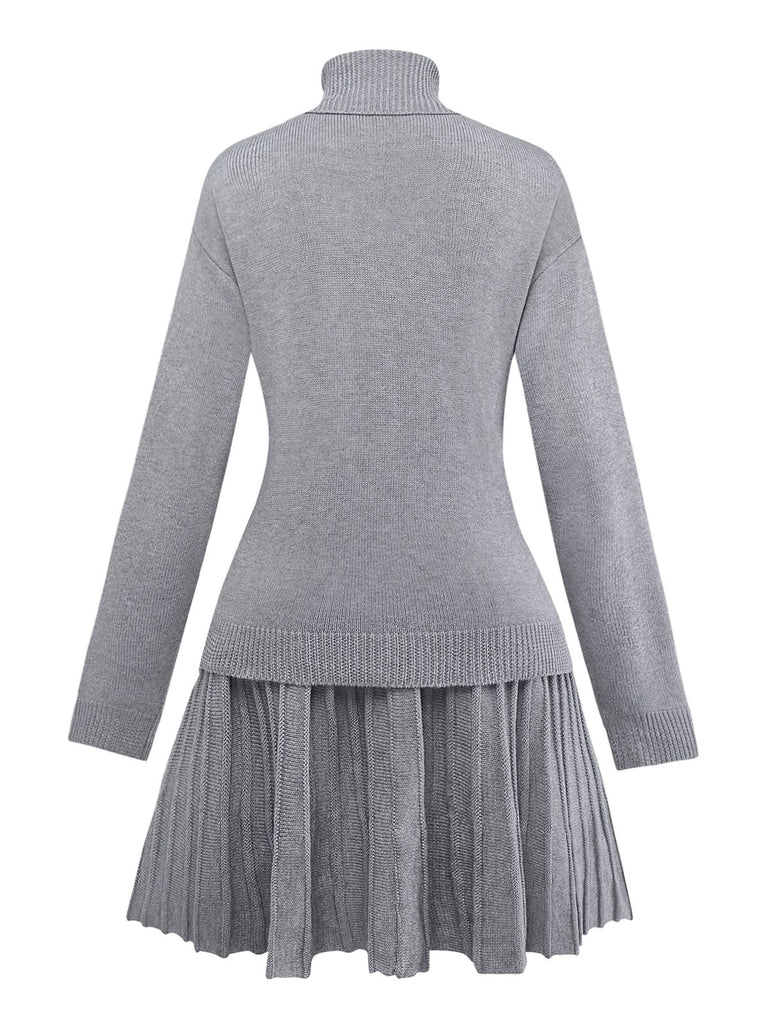 2PCS 1960s Knit Turtleneck Sweater & Pleated Skirt