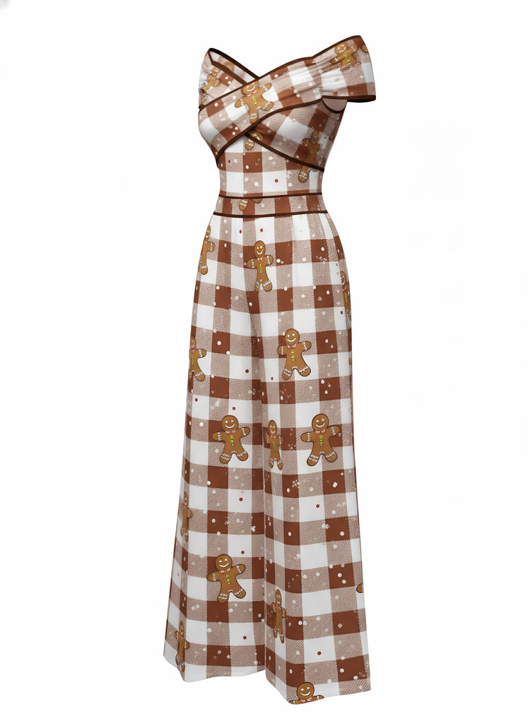 [Pre-Sale] Brown 1960s Off-Shoulder Gingerbread Jumpsuit