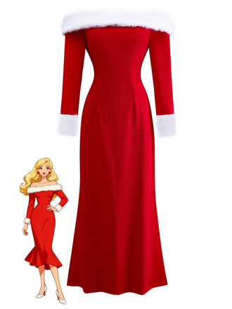 1930s Off-Shoulder Faux Fur Trim Christmas Dress
