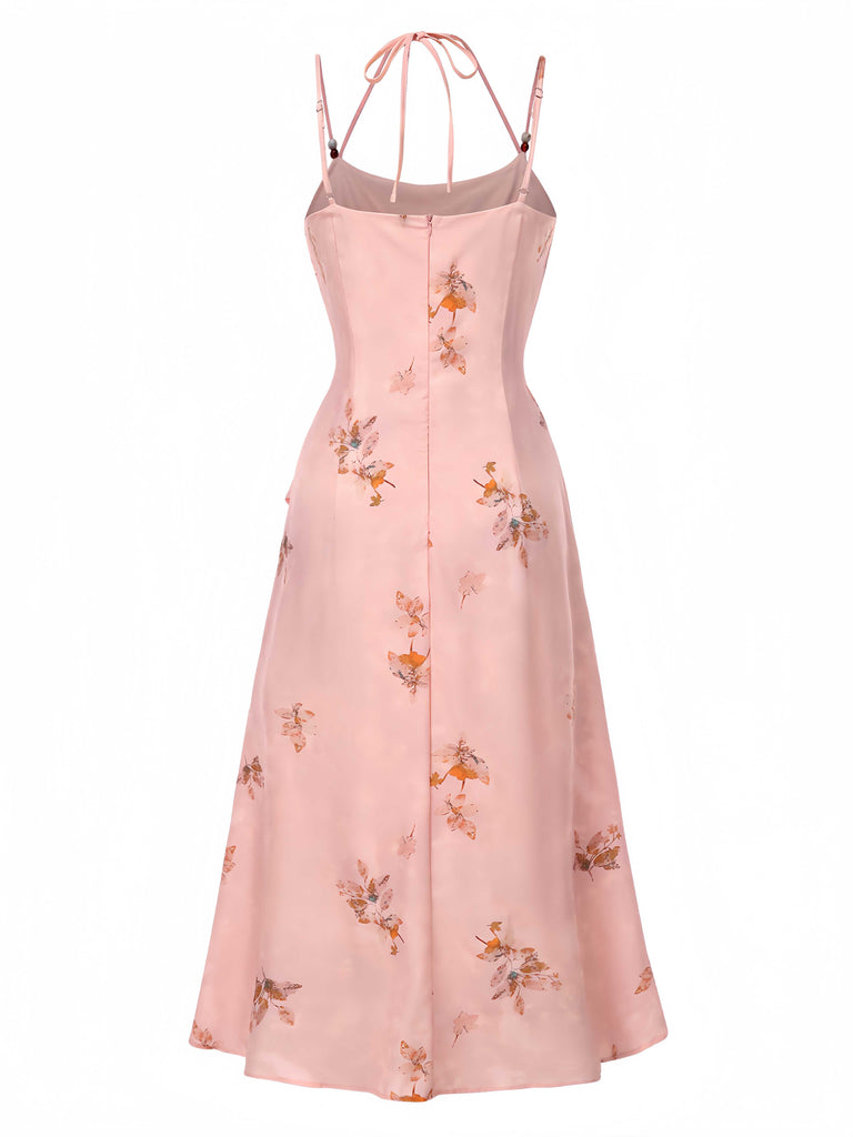Pink 1930s Halter Strap Floral Satin Dress