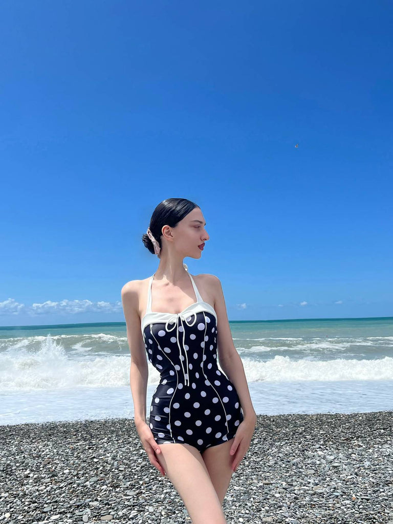 Black 1950s Polka Dots Halter Swimsuit