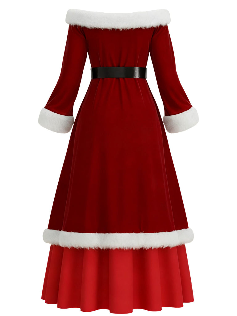 Red 1930s Christmas Velvet Faux Fur Trim Dress