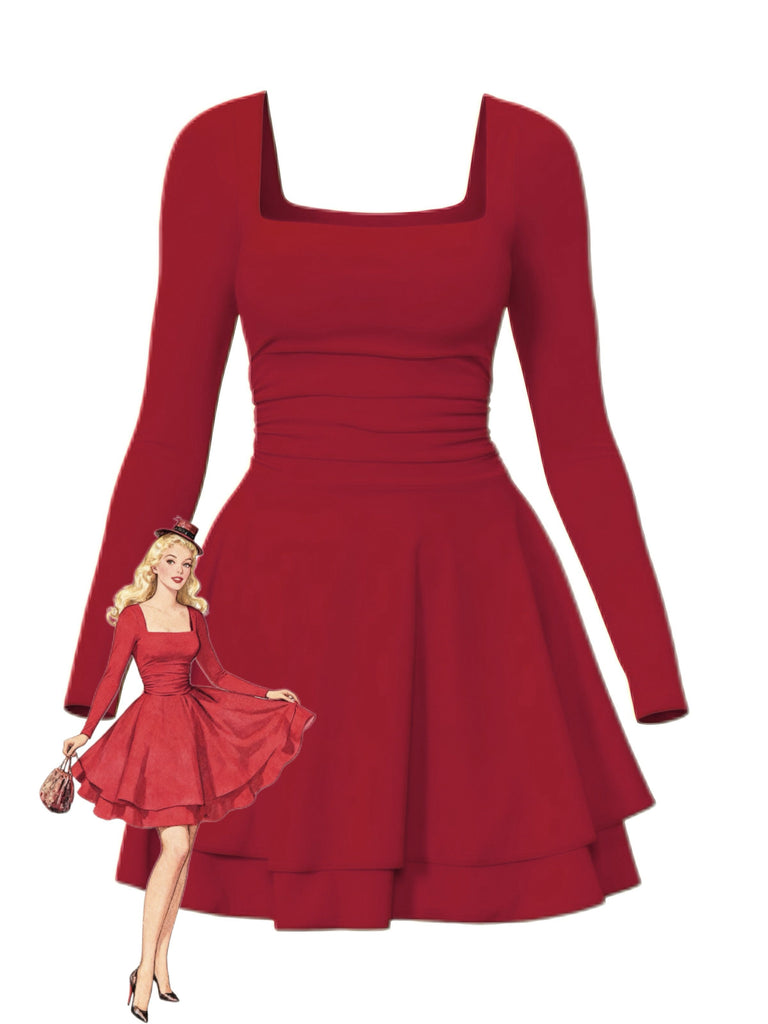 1980s Solid Fitted Square Neck Long Sleeve Dress