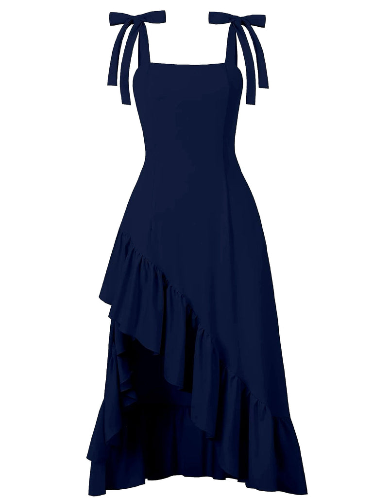 1930s Solid Bow Slit Ruffled Hem Suspender Dress