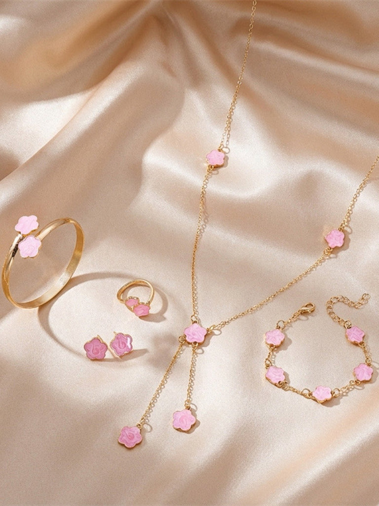 5PCS Five-Petal Flower Jewelry Set - vintage fashion, retro style