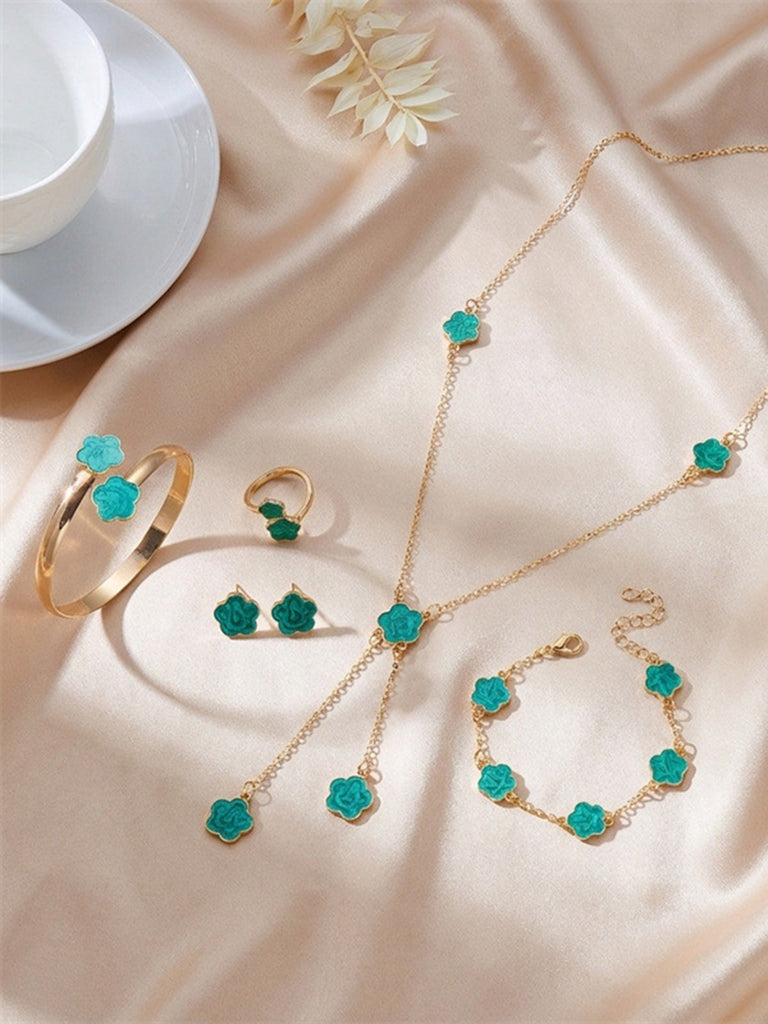 5PCS Five-Petal Flower Jewelry Set - vintage fashion, retro style