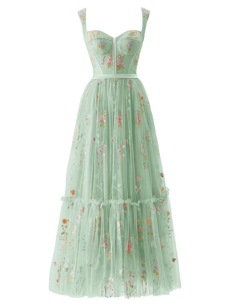1930s Floral Mesh Boned Lace-Up Dress