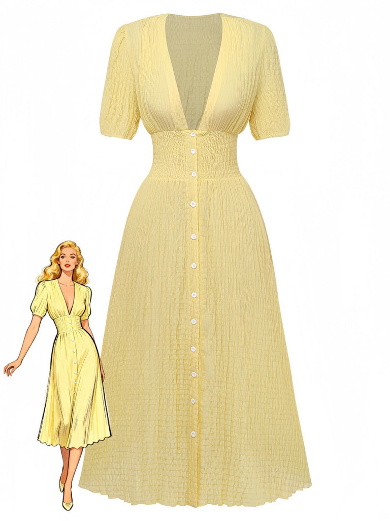 Yellow 1940s Puff Sleeve Button-Down Midi Dress