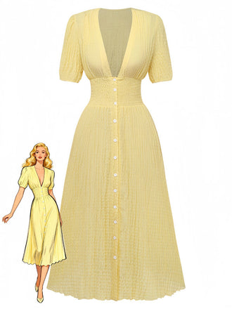 Yellow 1940s Puff Sleeve Button-Down Midi Dress