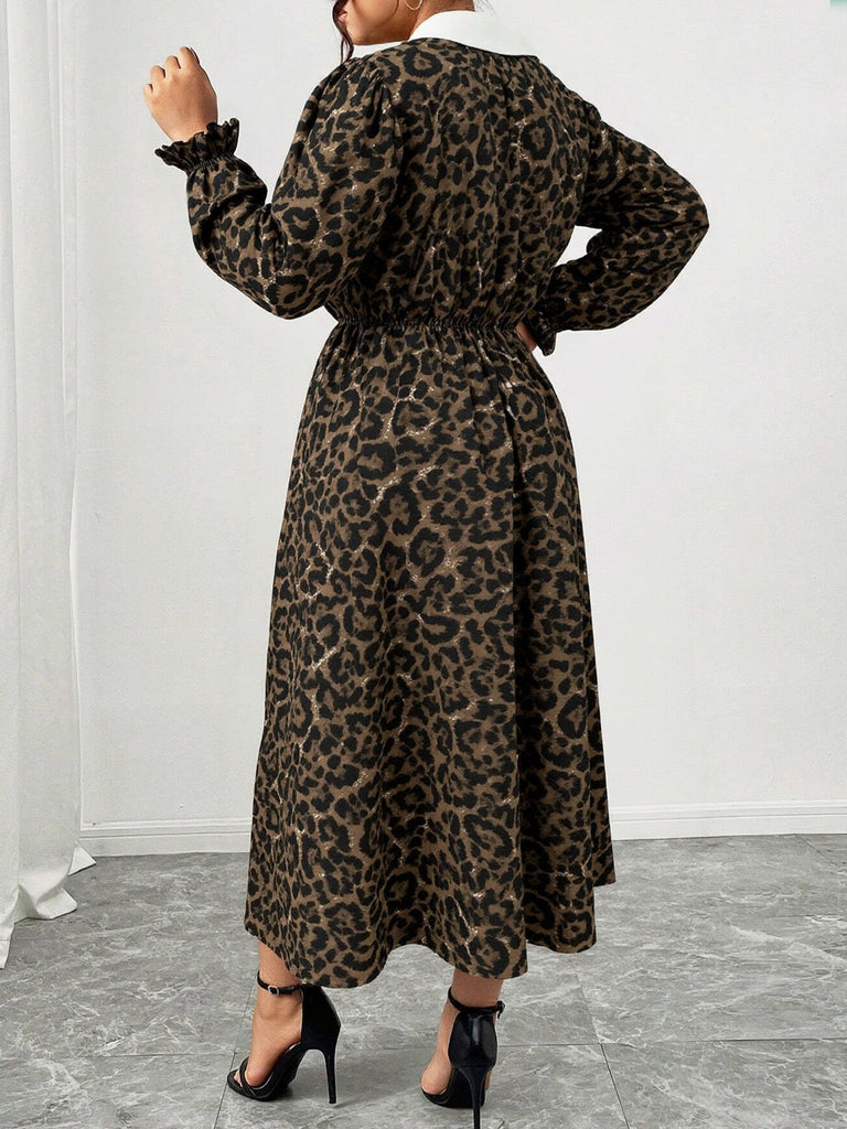 [Plus Size] 1970s Leopard Print Lapel Long Sleeve Dress