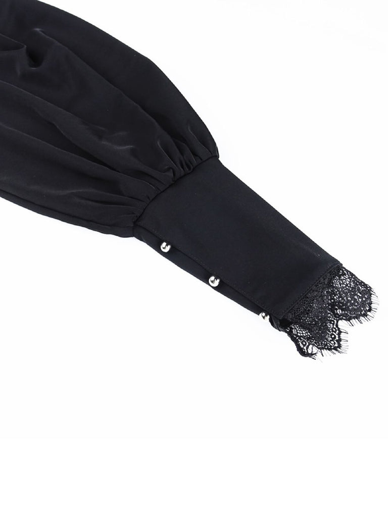Black 1980s Gothic Lace Stand Collar Top