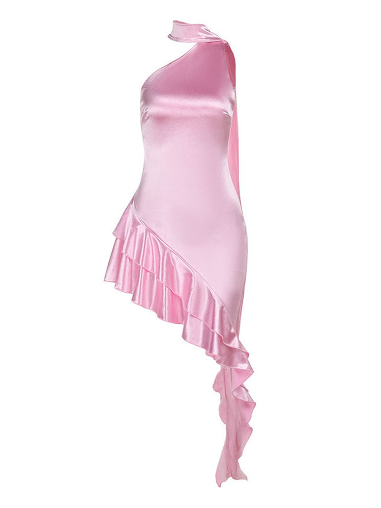 Peach Pink 1980s Solid Ribbon Tie Surplice Satin Dress