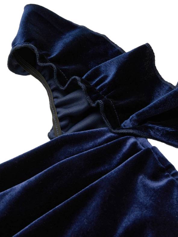 1940s Velvet Ribbon Strap Ruffled Detail Dress