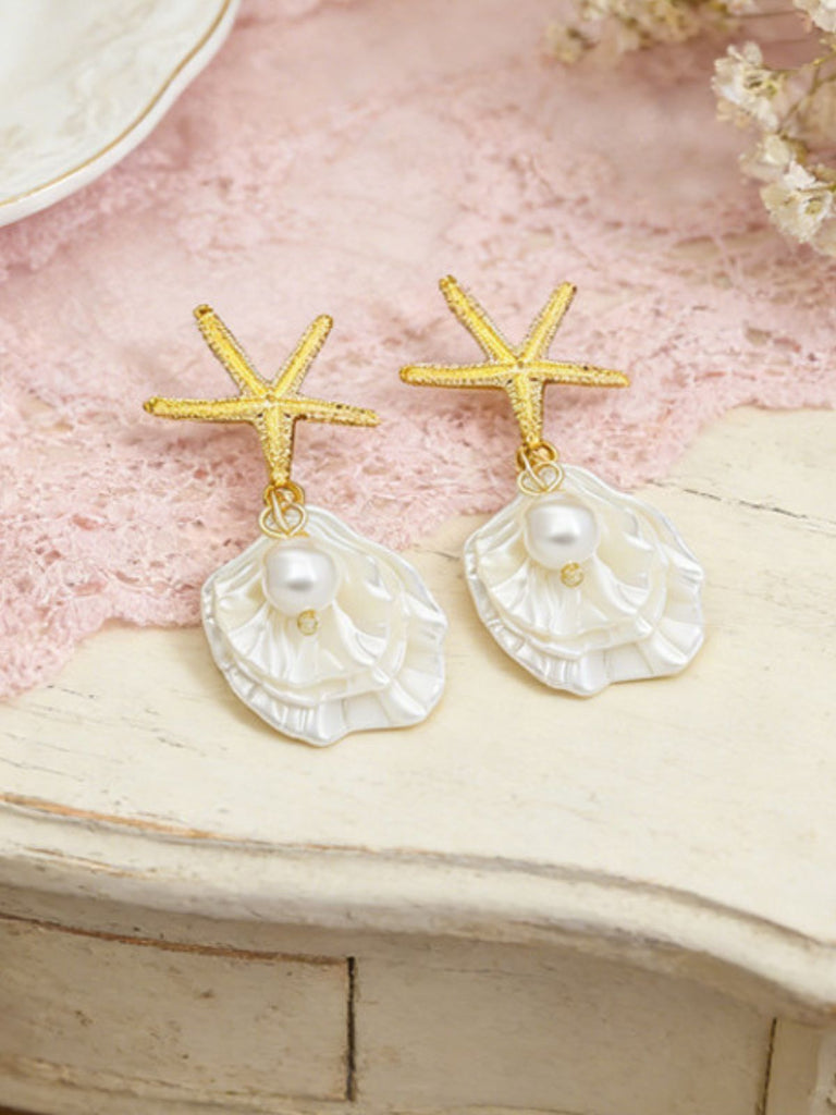 Gold Starfish Shell Pearl Drop Earrings