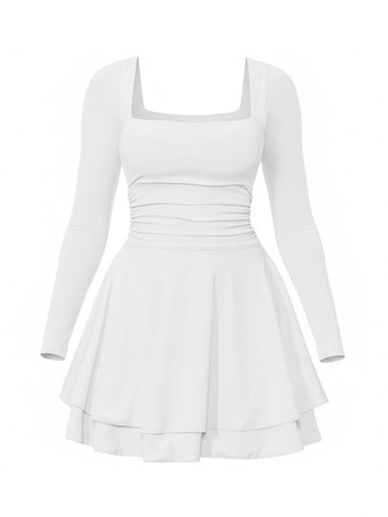 1980s Solid Fitted Square Neck Long Sleeve Dress