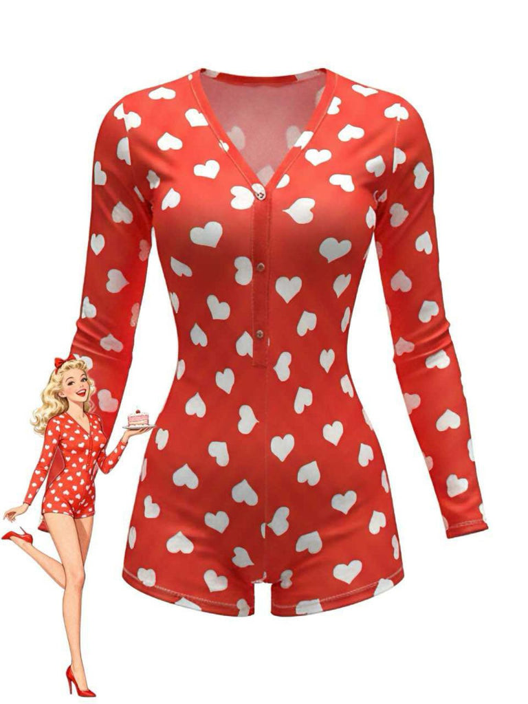 1980s V-Neck Heart Slip Print Romper Pajama