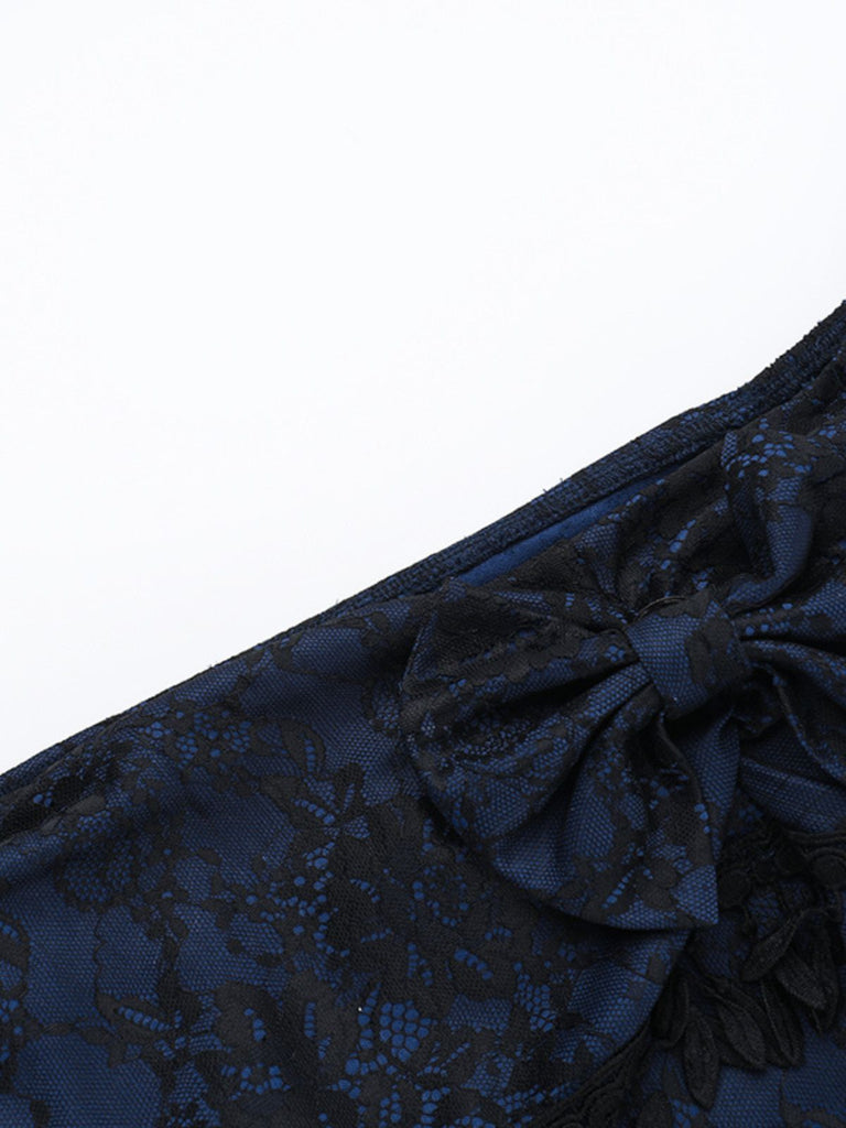 Dark Blue 1930s Halloween Off-Shoulder Lace Tassel Top