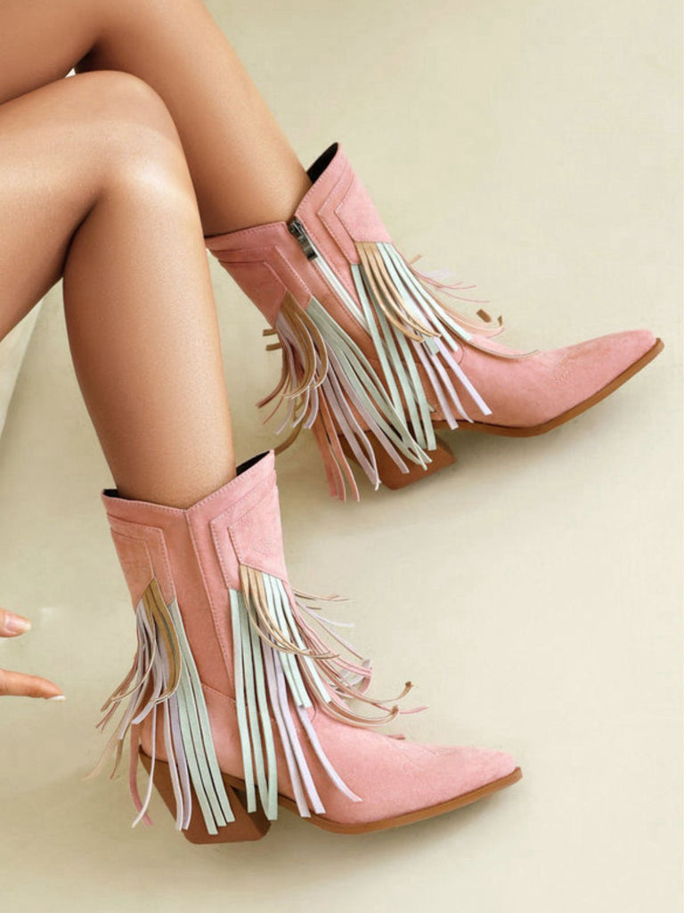 Vintage Tassel Mid Heel Flannelette Boots