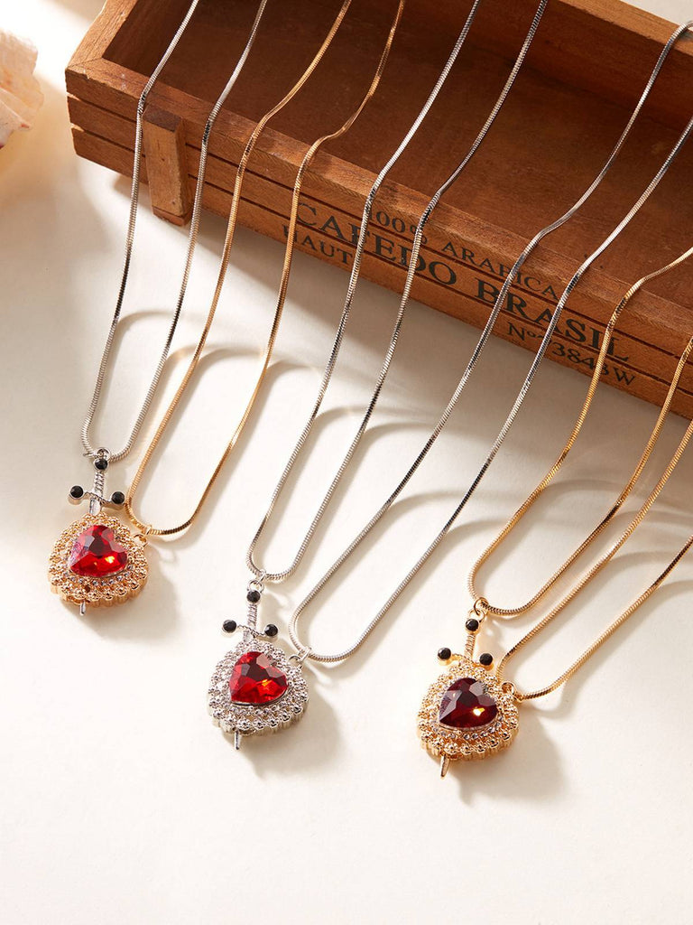 2PCS Vintage Rhinestone Heart-Shaped Ruby & Sword Necklace