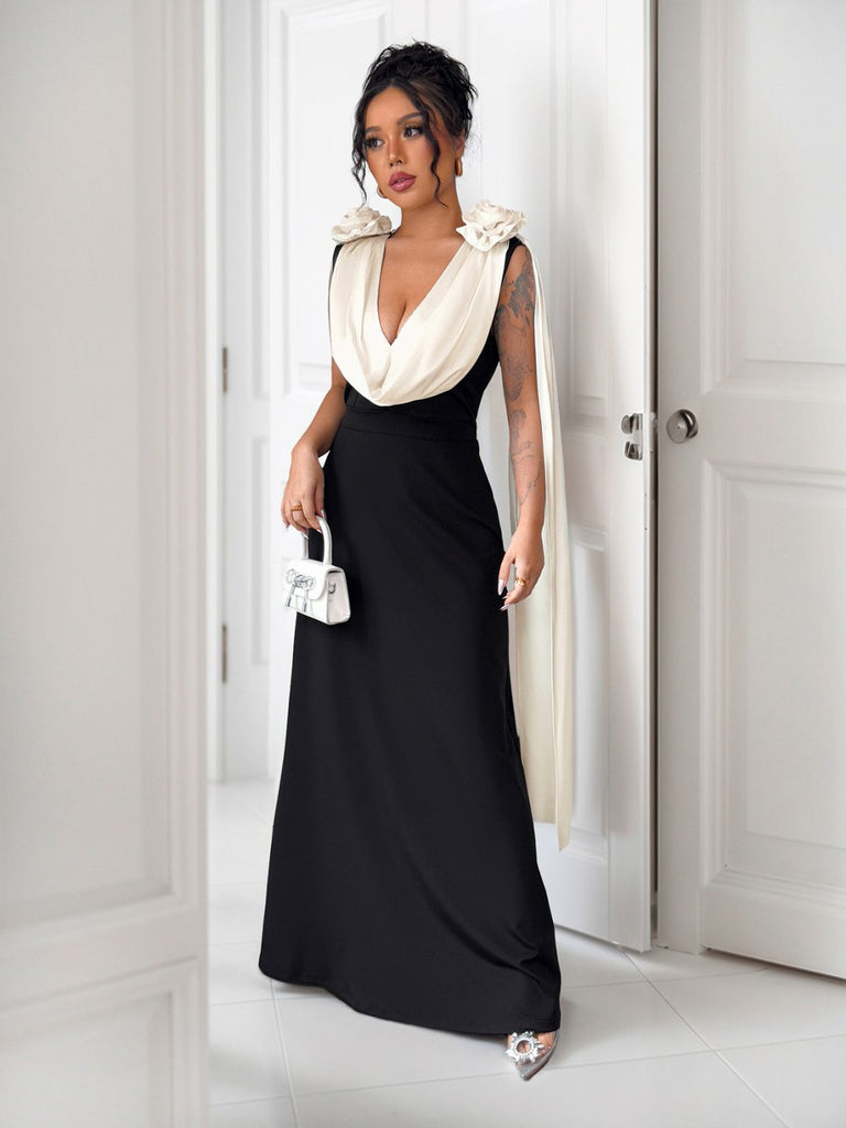 1930s V-Neck Colorblock 3D Roses Cape Dress