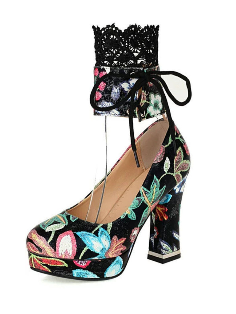 Vintage Lace-Up Embroidered Floral High Heels