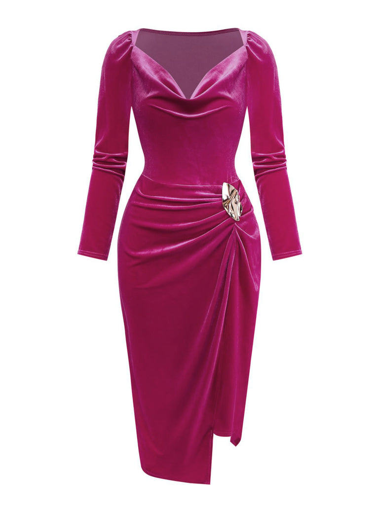 Rose Pink 1960s Cowl Neck Velvet Slit Dress