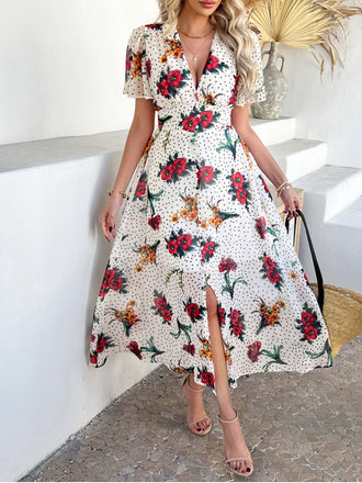 1940s Deep V-Neck Chiffon Polka Dots Floral Dress