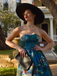 Blue 1950s Water Lily Sweetheart Strapless Dress