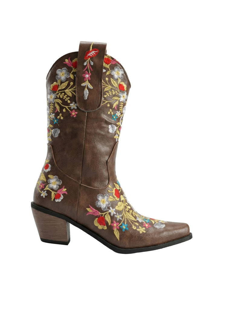 Vintage Pointed Embroidered Floral Chunky Heel Boots