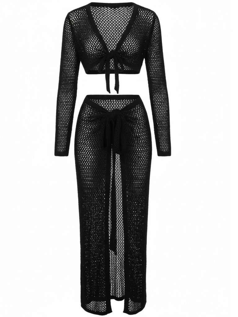 2PCS Green 1960s Crochet Long Sleeve Beach Cover-Up Set