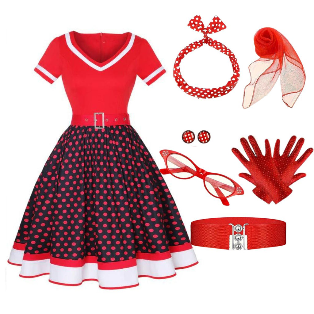 Multicolor 1950s Polka Dots Patchwork Belted Dress With Accessories Set