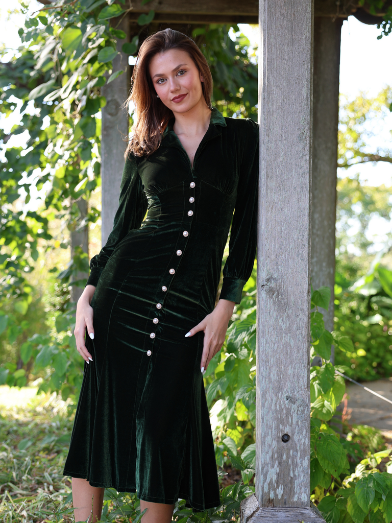 Green 1930s Velvet Pearl Lantern Sleeve Mermaid Dress