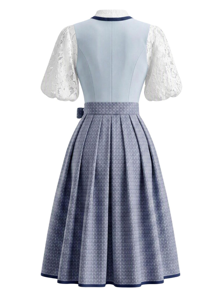 2PCS Blue 1950s Square Neck Floral Dress with Apron & Cropped Top