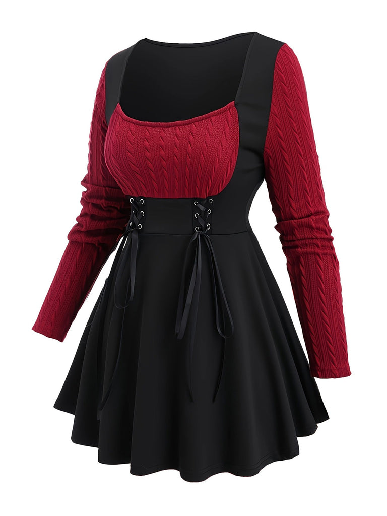 [Plus Size] Wine Red 1950s Colorblock Knit Patchwork Dress