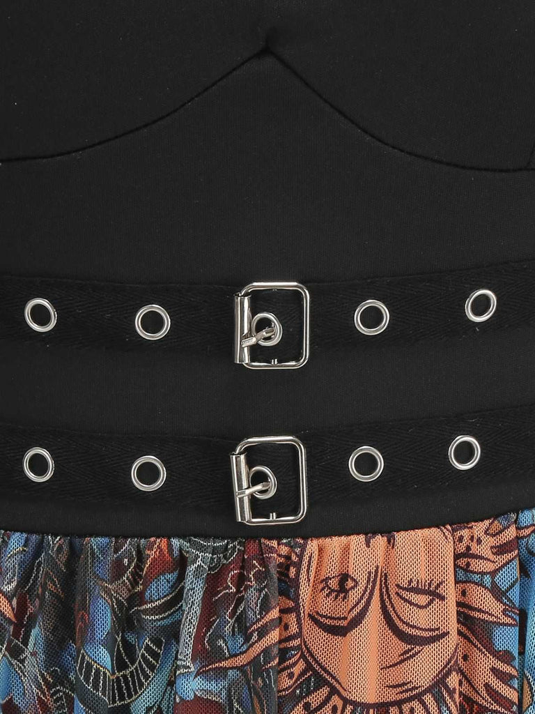 Black 1950s Sun Face Print Sleeveless A-line Dress