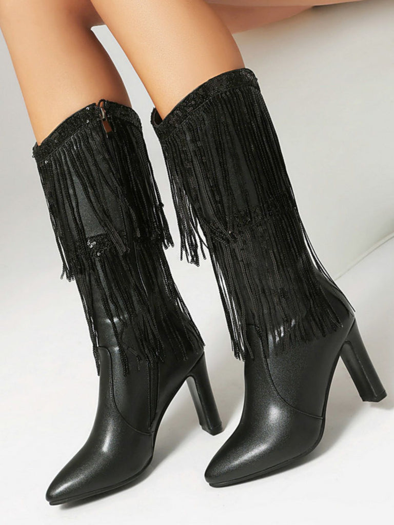 Metallic Pointed-toe Fringe Block-heel High Boots