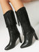 Metallic Pointed-toe Fringe Block-heel High Boots
