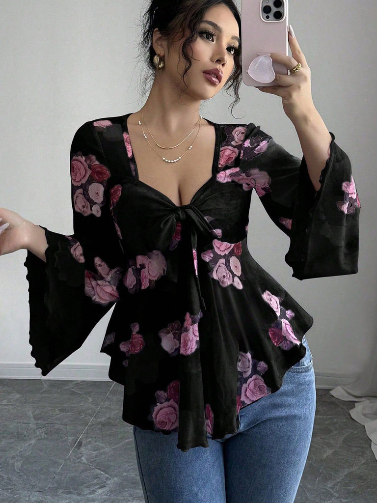 1930s Floral V-Neck Flare Chiffon Blouse