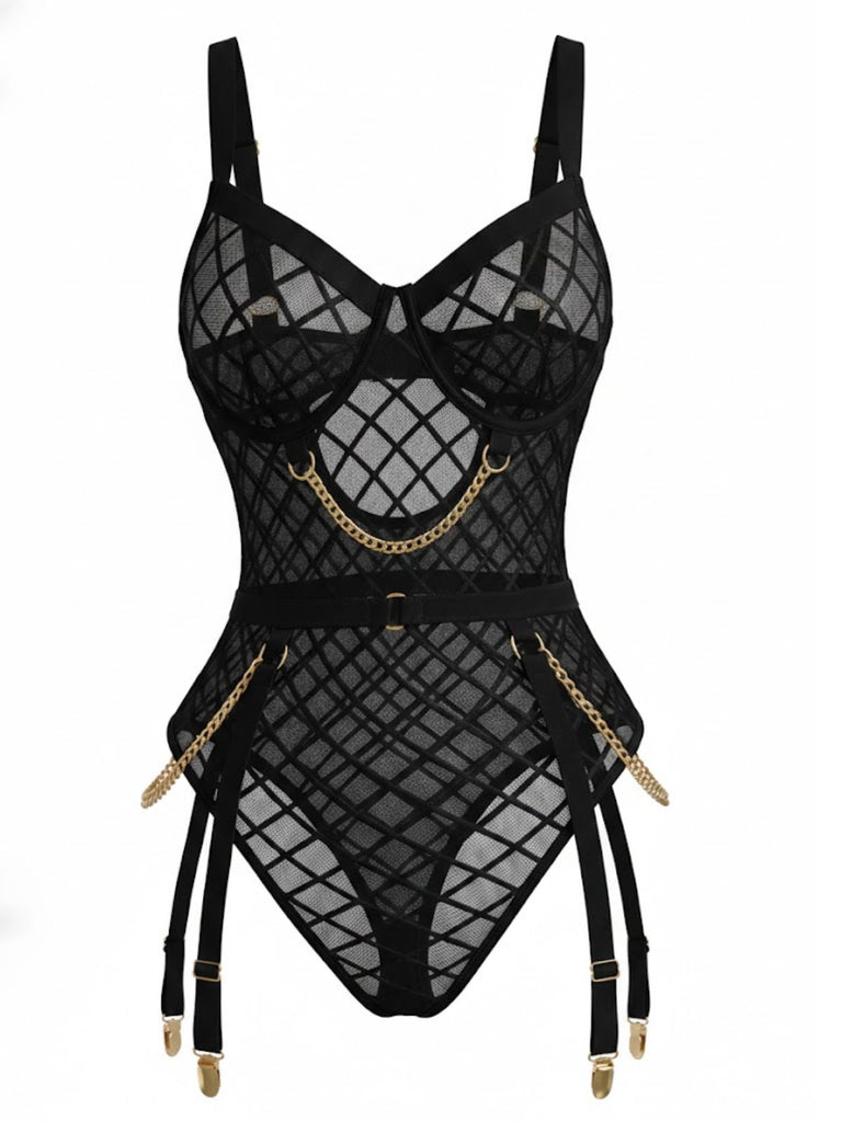 1970s Strappy Chain Accents Sheer Mesh Lingerie