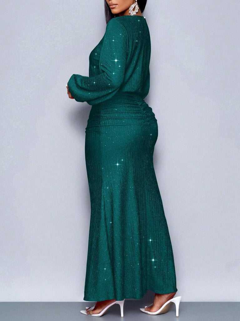 1930s Glitter Ruched Lantern Sleeve Knit Fishtail Dress