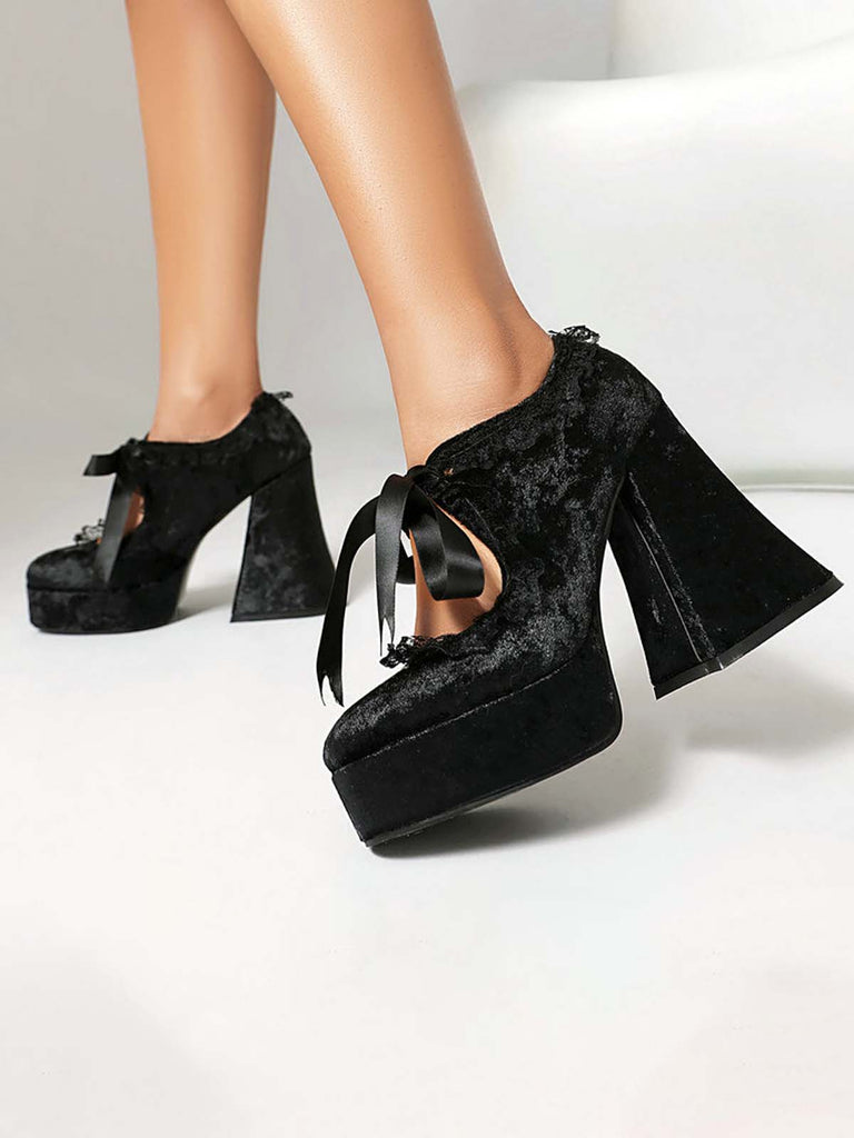 Punk Velvet Lace Bow Chunky Heels