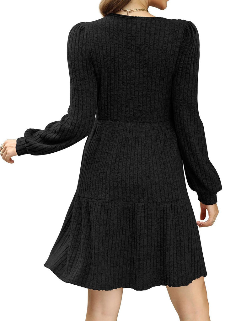 1950s Solid Ribbed Square Neck Long-Sleeve Dress