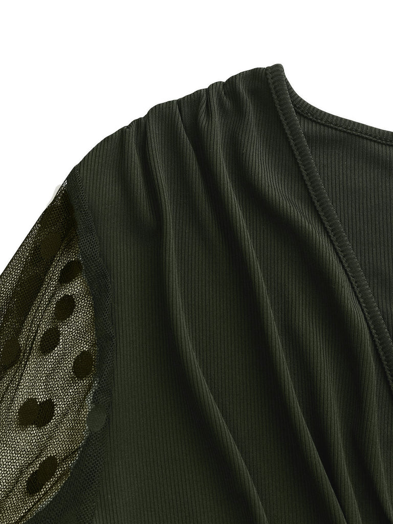 Olive Green 1950s V-Neck Sheer Polka Dot Sleeve Jumpsuit