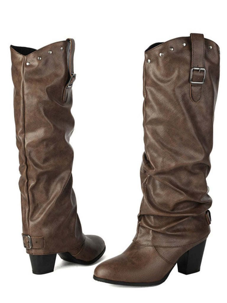 Vintage Studded Buckle Mid-Calf Boots