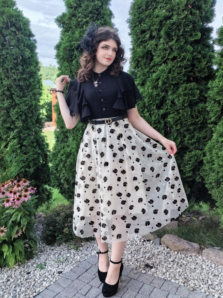 Black 1950s 3D Floral Ruffle A-line Dress