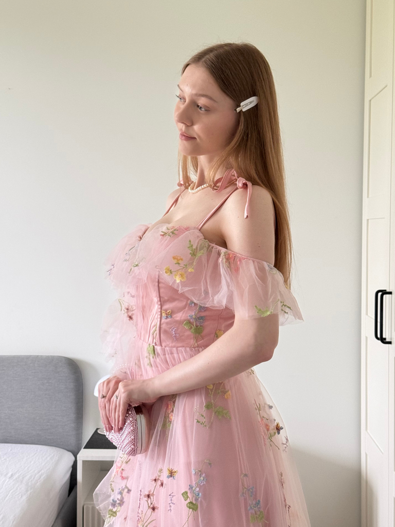 1970s Slip Floral Embroidered Mesh Slit Dress