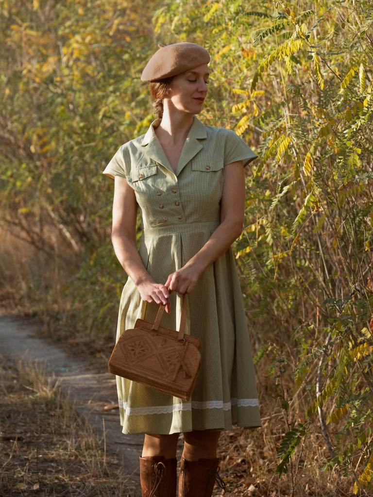 Green 1940s Lace Plaid Cotton Patchwork Dress