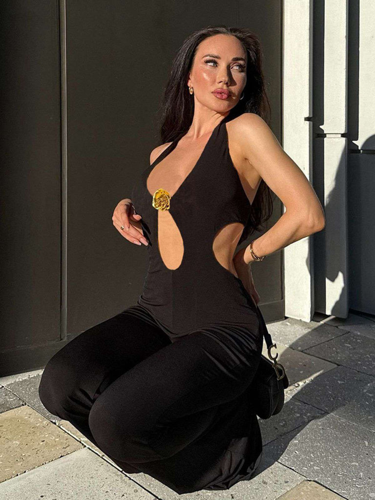 Black 1980s 3D Rose Hollow Halter Jumpsuit