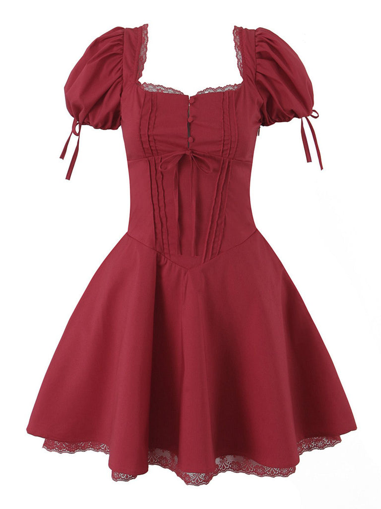 Red 1960s Solid Puff Sleeve Lace-up Dress